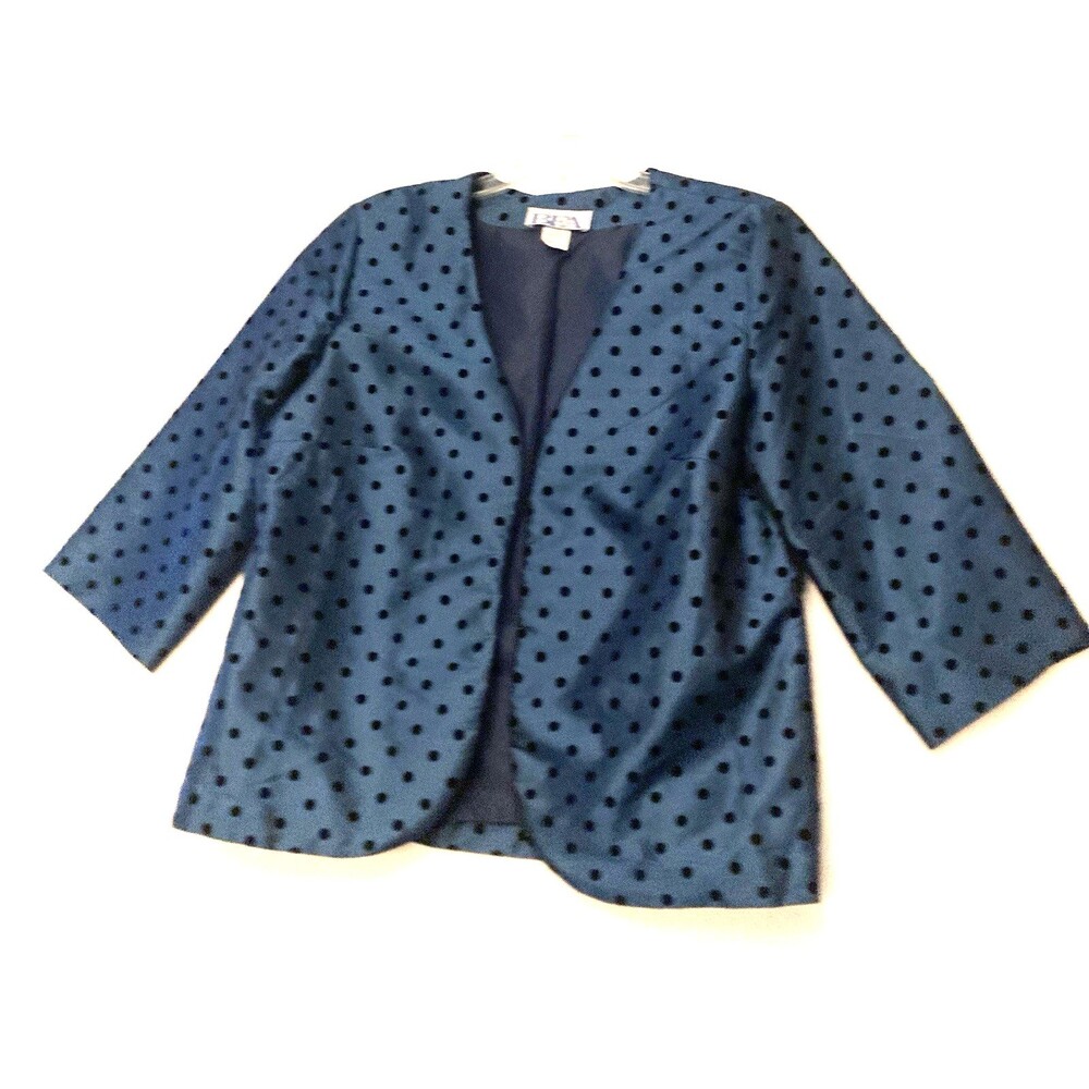 BFA Classics Polka Dot Open Front Jacket Womens 14 Blue & Black 3/4 Sleeves